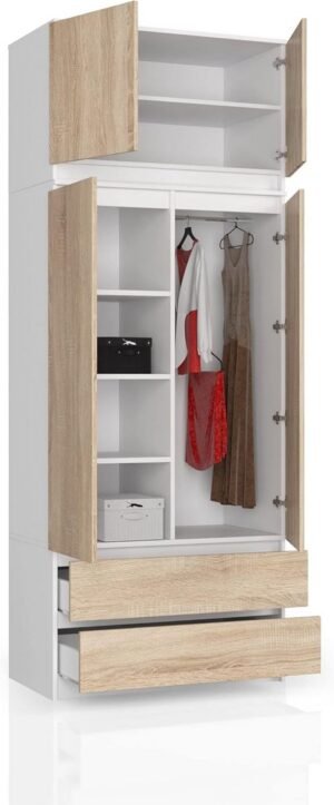 Kledingkast - Opbergkast Lades - Kleding Opbergen - Verstelbare Plank - 234 x 90 x 51cm - Wit Eiken