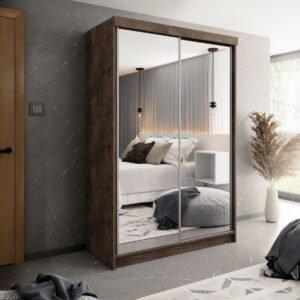 Kledingkast-Opbergkast-Spiegel-Kledingkasten Slaapkamer-Kleding Kast-Roedestang-Legplanken-150 cm Breed-Eiken