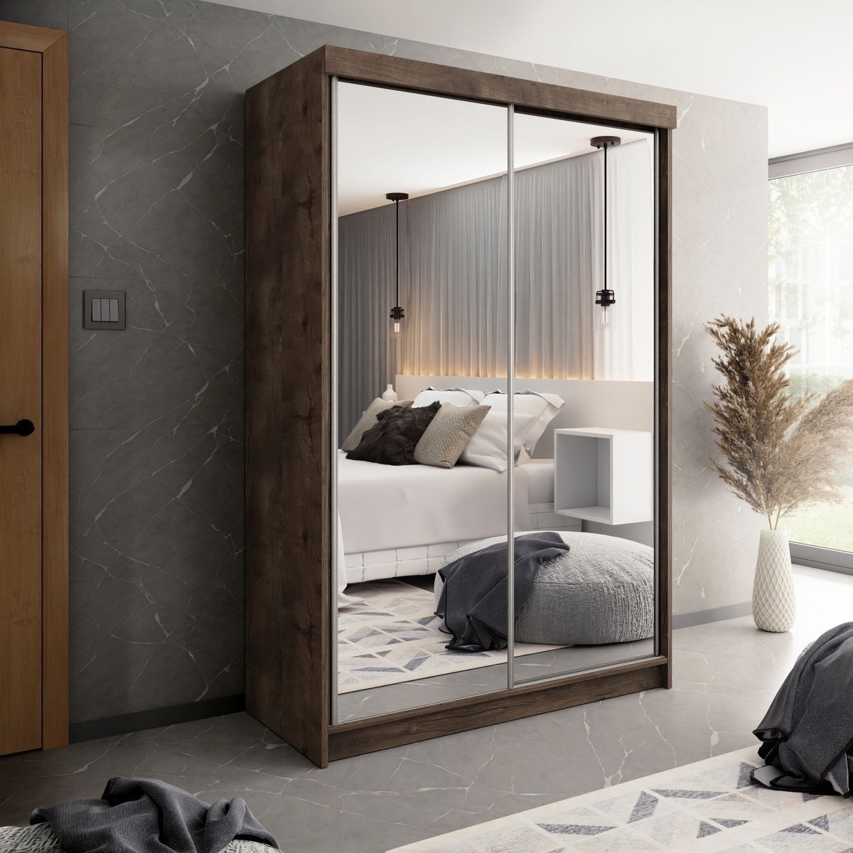 Kledingkast-Opbergkast-Spiegel-Kledingkasten Slaapkamer-Kleding Kast-Roedestang-Legplanken-150 cm Breed-Eiken