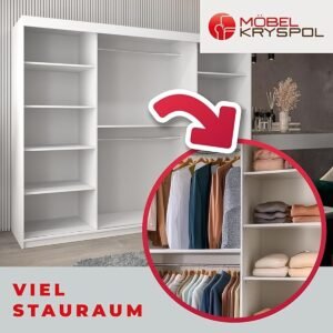 Kledingkast met Spiegel 250x200x62 cm - Drie Schuifdeuren, Planken & Kledingstang - Moderne Multifunctionele Kast voor Slaapkamer en Hal - Wit & Zwart - Abkantoor