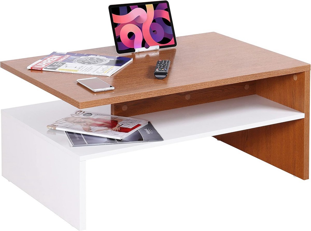 Kleine Houten Salontafel met Opbergruimte - Wit en Rustiek Eiken