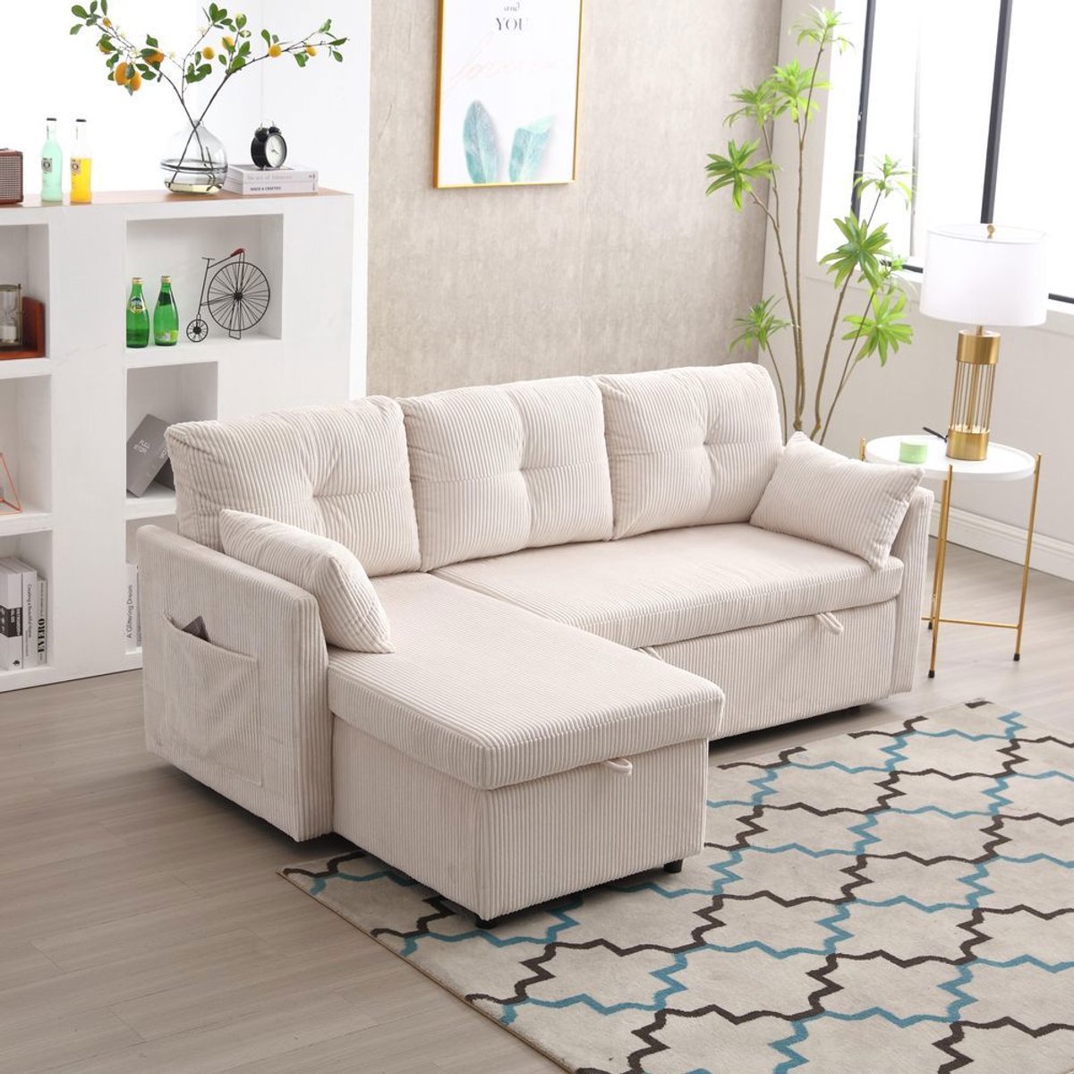 Komhtom 3-zitsbanken Multifunctionele slaapbank met opbergruimte en uitschuifbaar bed met verwisselbare chaise longue met opbergvakken modulaire L beige