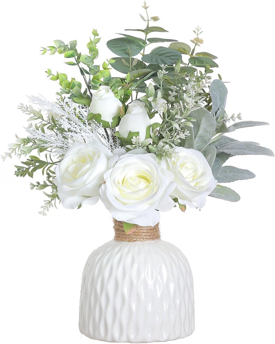 Kunstbloemen met Keramische Vaas voor Tafeldecoratie - Neppiante Rozen en Eucalyptus in Wit