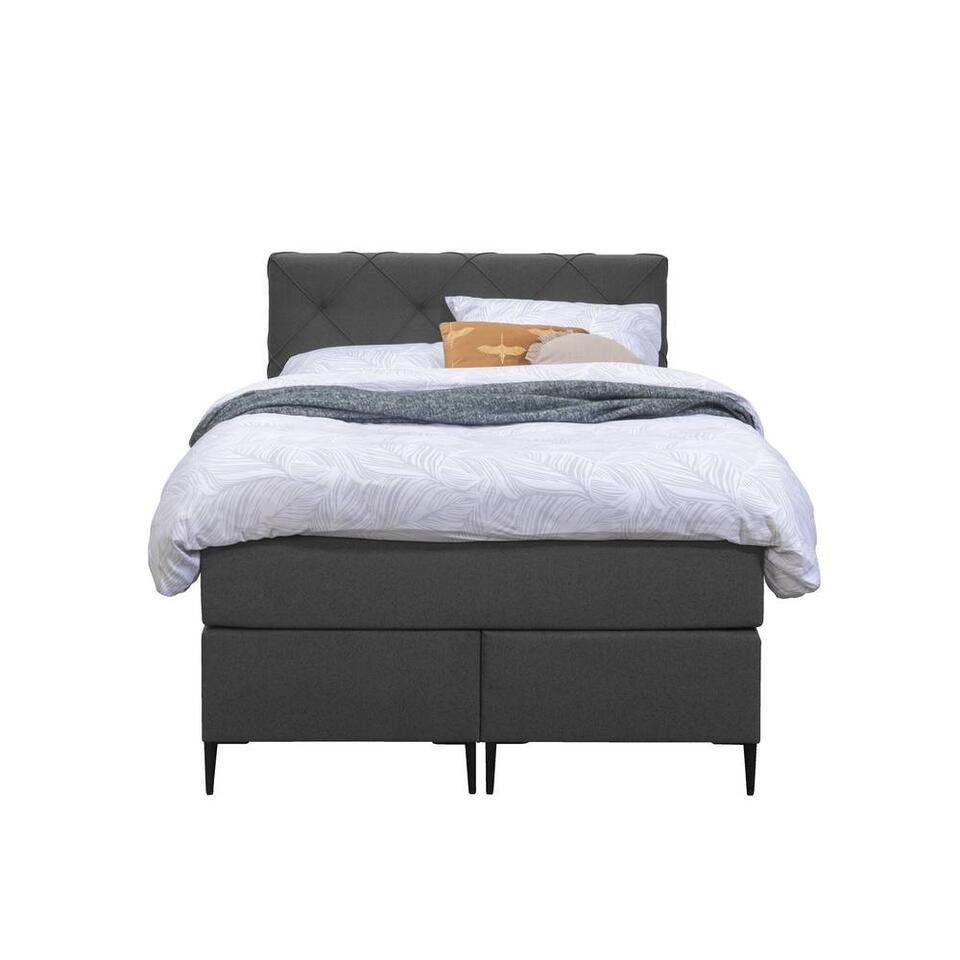 Leen Bakker - Boxspring Liv Geruit - Antraciet - 120x200 Cm - Slanke Poot - Stof - Grijs