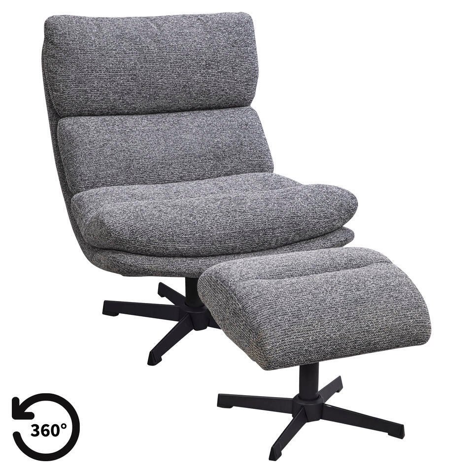 Leen Bakker - Fauteuil Bobbi Incl. Hocker - Antraciet - Stof - Grijs