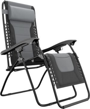 LifeGoods Ligstoel Comfort - Opvouwbaar - 30°-90° Verstelbaar - Beker en Telefoonhouder - Tuinstoel - Zwart/Grijs