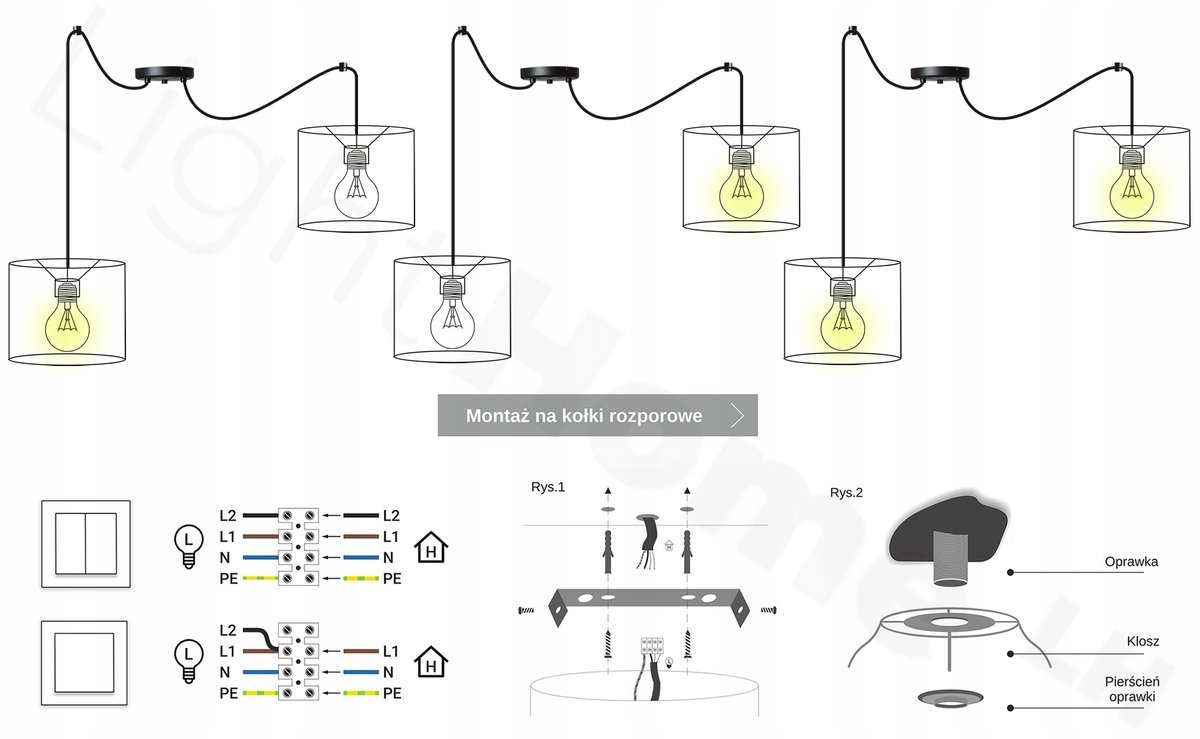 Light-Home WERONA - Hanglamp - 2-lichts - Zwart/Goud - Metalen Constructie - Verstelbare Hoogte