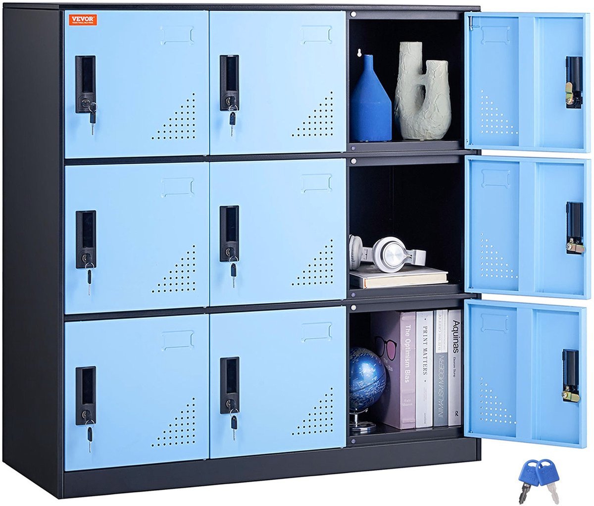 Lockerkast - Opbergkast - Kledingkast - Metalen Kast - Lockers - 9 Deuren Met Slot - Robuust Stalen Design 90x45x94 cm - Zwart-Blauw
