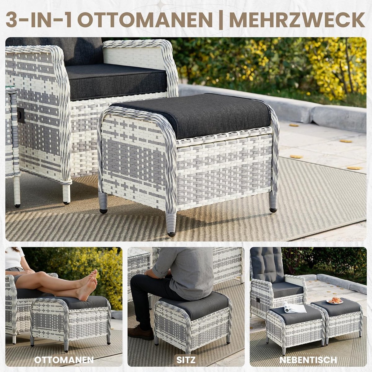 Loungeset Tuin 5-delig met Verstelbare Relaxbanken - Rattan Tuinset met Kussens, Hockers & Tafel met Glasplaat - Weerbestendig - Zwart - Pauwhome