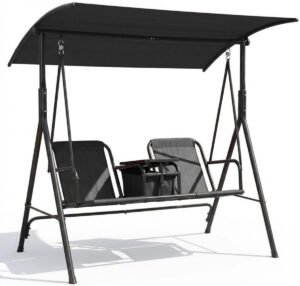 Luxe 2-Zits Tuinschommelbank met Verstelbaar Zonnedak - Schommelstoel voor Buiten incl. Draaitafeltje, Bekerhouders & Uitneembare Koeltas - Stalen Frame - Zwart