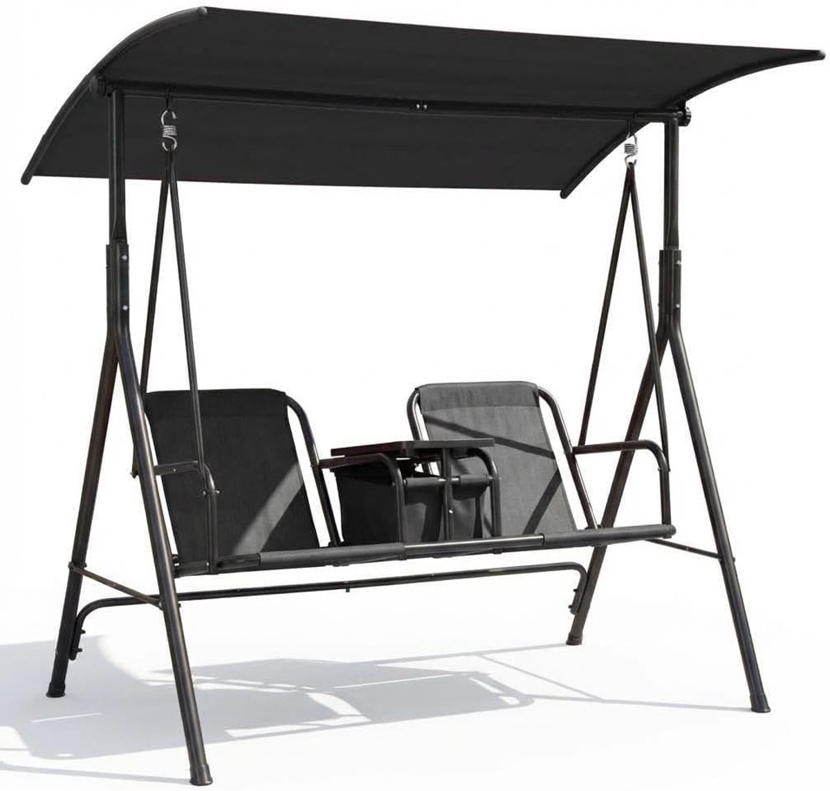 Luxe 2-Zits Tuinschommelbank met Verstelbaar Zonnedak - Schommelstoel voor Buiten incl. Draaitafeltje, Bekerhouders & Uitneembare Koeltas - Stalen Frame - Zwart