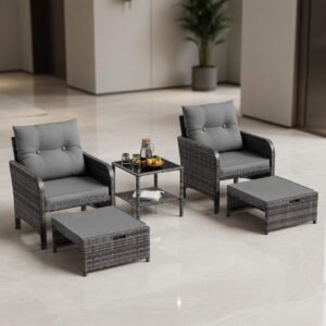 Luxe 5-delige Polyrotan Tuinmeubelset met Kussens, 2 Krukken en Glazen Tafel - Weerbestendige Loungeset voor Tuin, Balkon & Terras - Modern Grijs | medahomestore