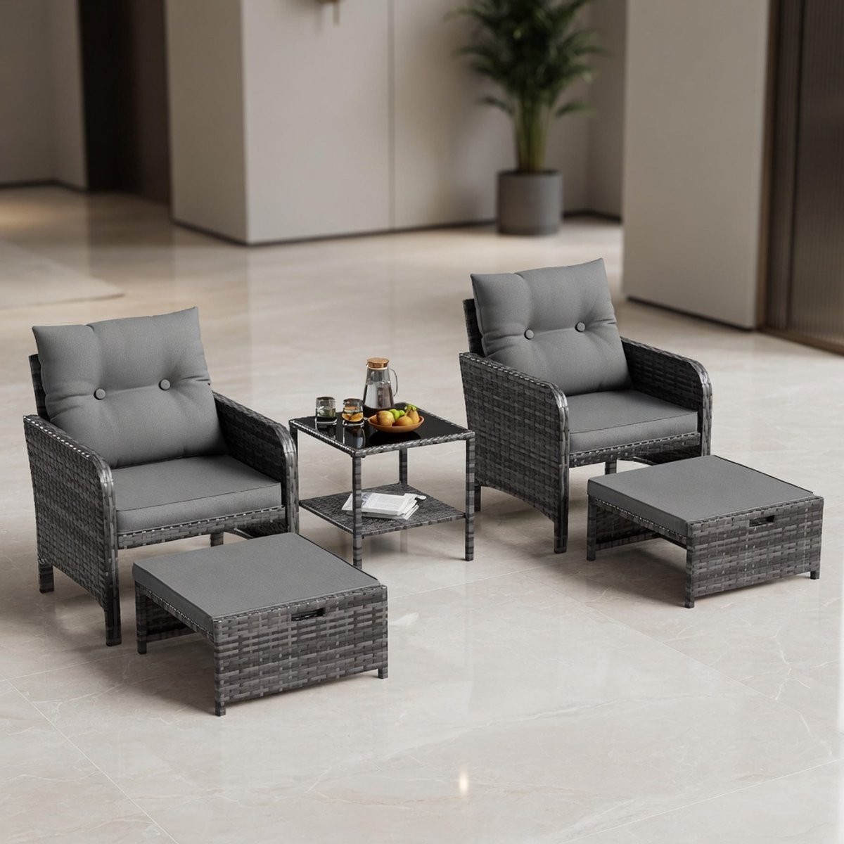 Luxe 5-delige Polyrotan Tuinmeubelset met Kussens, 2 Krukken en Glazen Tafel - Weerbestendige Loungeset voor Tuin, Balkon & Terras - Modern Grijs | medahomestore