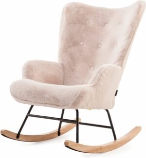 MEBEL6 - Schommelstoel Lammy - Fauteuil binnen - Imitatiebont stof - Licht beige - Houten poten