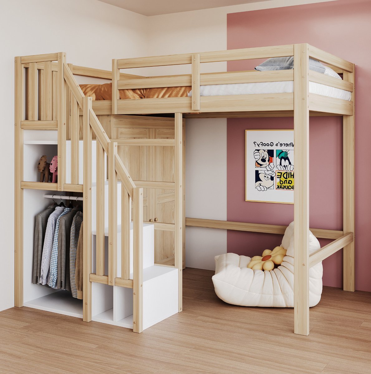 MEUNIQ Hoogslaper 90 x 200 cm met kledingkast en opbergtrede, houten kinderbed met open ruimte eronder voor kinderkamer, naturel