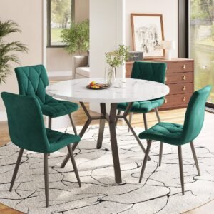 MIVRAY Eettafel En Stoelenset - Rond Marmerlook Tafelblad Met Metalen Onderstel - 4 Ergonomische Stoelen - Zwart Wit Groen - 75 Cm