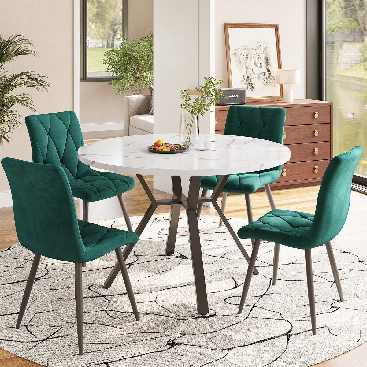 MIVRAY Eettafel En Stoelenset - Rond Marmerlook Tafelblad Met Metalen Onderstel - 4 Ergonomische Stoelen - Zwart Wit Groen - 75 Cm