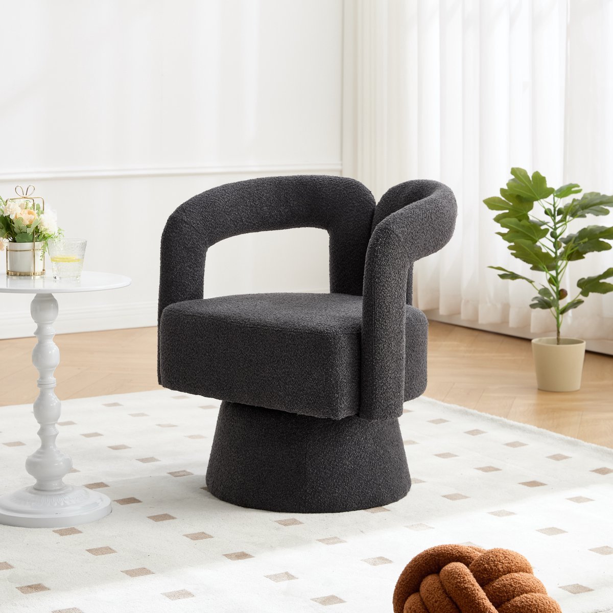 MIVRAY Fauteuil 67 x 55 x 74 cm - 360 Graden Draaibaar en Zacht Gevoerd - Voor Woonkamer en Slaapkamer - Bouclé - Donkergrijs