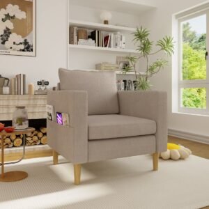 MIVRAY Fauteuil 71 x 68 x 82 Cm - Met Zijvakken En Comfortkussen - Voor Leeshoek En Woonkamer - Chenille - Khaki
