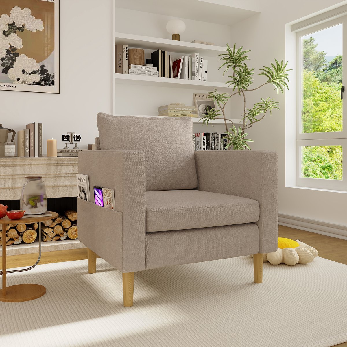 MIVRAY Fauteuil 71 x 68 x 82 Cm - Met Zijvakken En Comfortkussen - Voor Leeshoek En Woonkamer - Chenille - Khaki