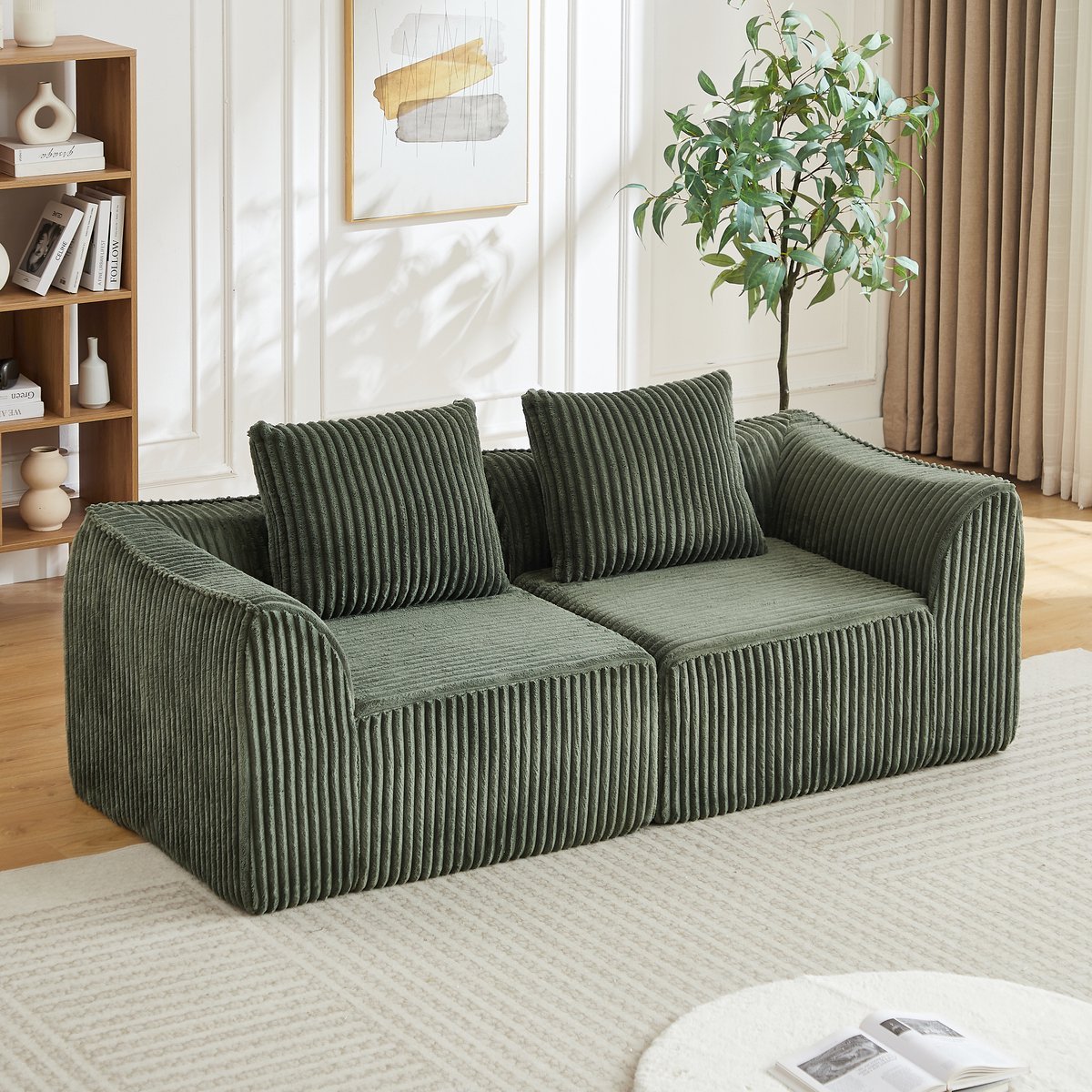 MIVRAY Hoekbank Zonder Montage - Modulaire Loungebank Met 2 Kussens - Voor Woonkamer En Slaapkamer - Ribstof Groen