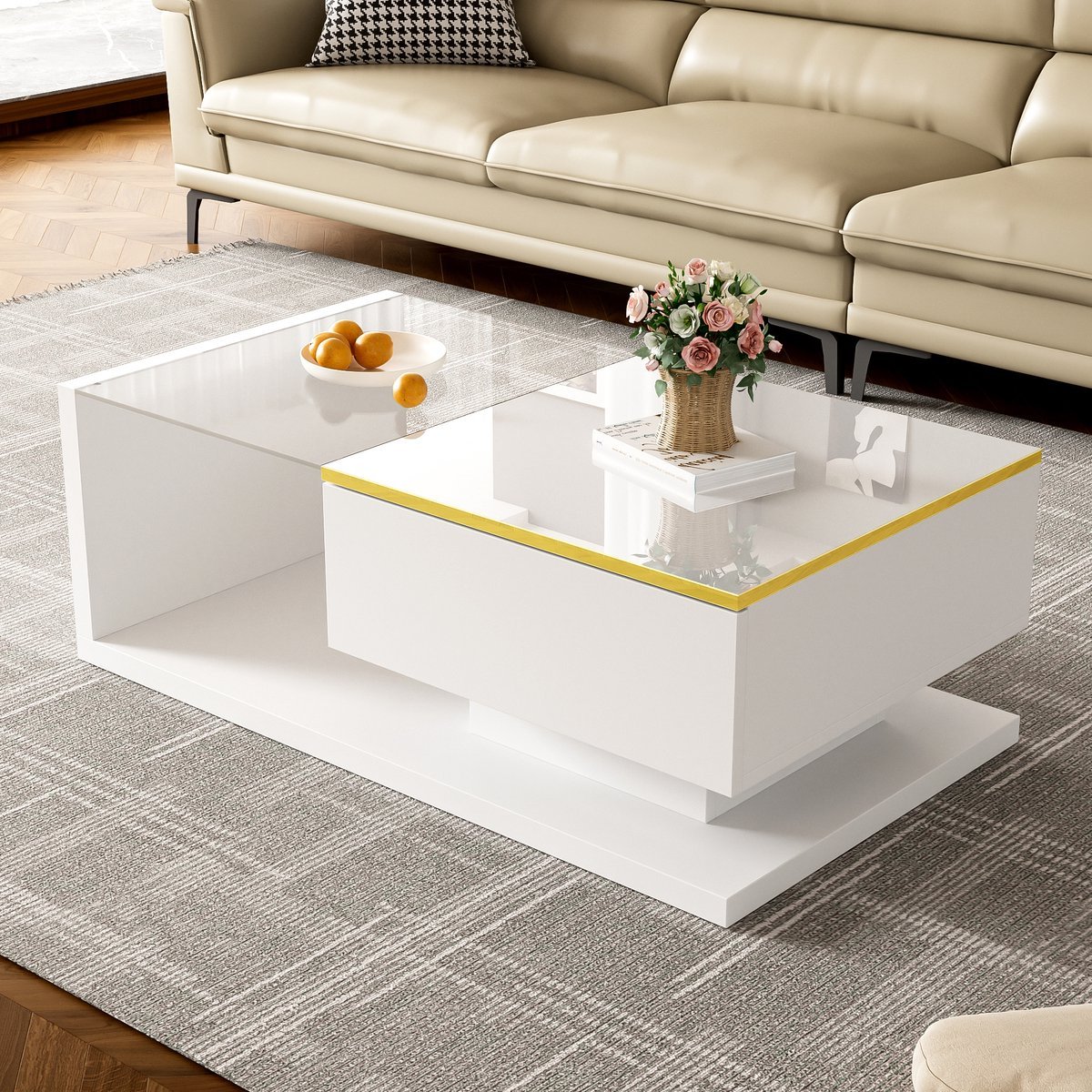 MIVRAY Salontafel - Hoogglans Met Glas En Led - Voor Woonkamer Met Opbergruimte - Spaanplaat Wit - 90x50x32,5 Cm