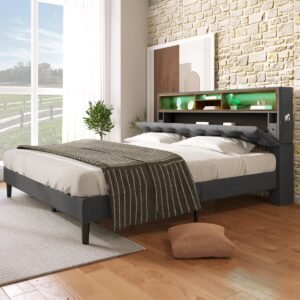 MODENUIT Gestoffeerd bed 140x200 cm - Tweepersoonsbed met ledverlichting - Hoofdbord met opbergruimte - Zonder matras - Grijs