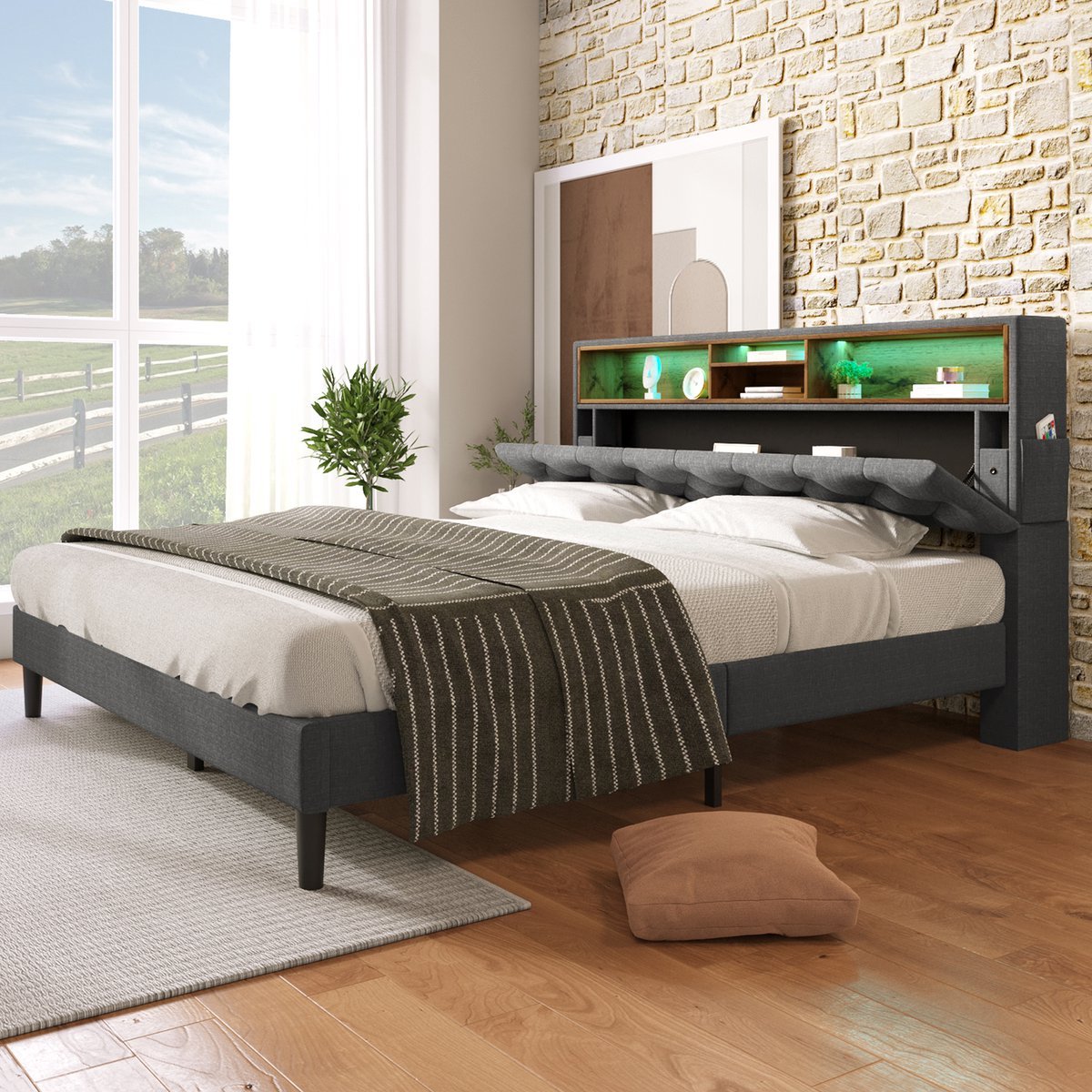 MODENUIT Gestoffeerd bed 140x200 cm - Tweepersoonsbed met ledverlichting - Hoofdbord met opbergruimte - Zonder matras - Grijs