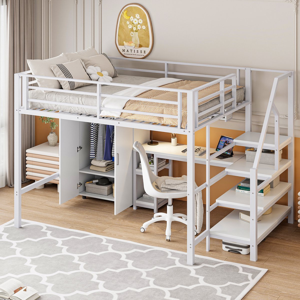 MODENUIT Hoogslaper 140x200 cm - Kledingkast en Bureau - Trap met Opbergruimte - Metaal en MDF - Zonder matras - Wit