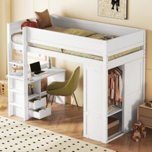 MODENUIT Hoogslaper 90x200 cm - Met bureau en kledingkast - Met 2 lades en opbergvakken - Zonder matras - Grenen en MDF - Wit