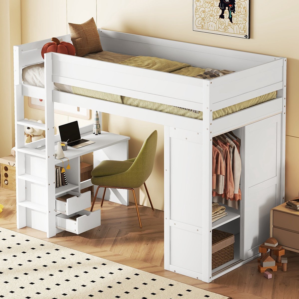 MODENUIT Hoogslaper 90x200 cm - Met bureau en kledingkast - Met 2 lades en opbergvakken - Zonder matras - Grenen en MDF - Wit