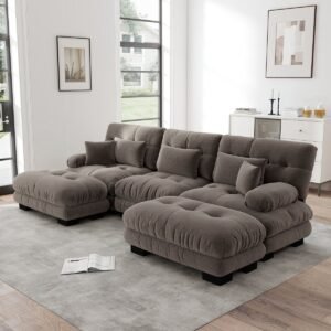 MODFU Modulaire Hoekbank - Diepe Zitting - Verplaatsbare Ottomans - Vintage Stijl - Woonkamer - Chenille - Bruin