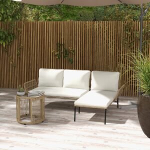 MODFU - Rotan Tuinmeubelset 3-Delig - Ligbed En Tweezitsbank Met Salontafel - Glasblad - Crèmewit - Polyester