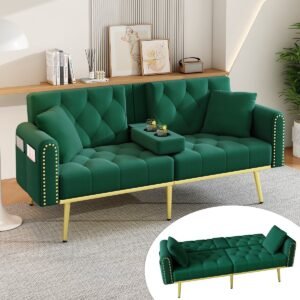 MODFU - Slaapbank - Verstelbare Rugleuning En Bekerhouder - Voor Woonkamer - Fluweel - Groen - 175 X 80 X 73,5 Cm