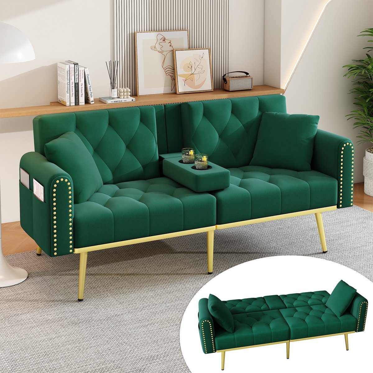 MODFU - Slaapbank - Verstelbare Rugleuning En Bekerhouder - Voor Woonkamer - Fluweel - Groen - 175 X 80 X 73,5 Cm
