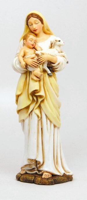 Madonna Kind Lam - Beeldje Omhelzing - Woonkamer Decoratie - Handgemaakt Ontwerp - 19 cm Hoog - Wit