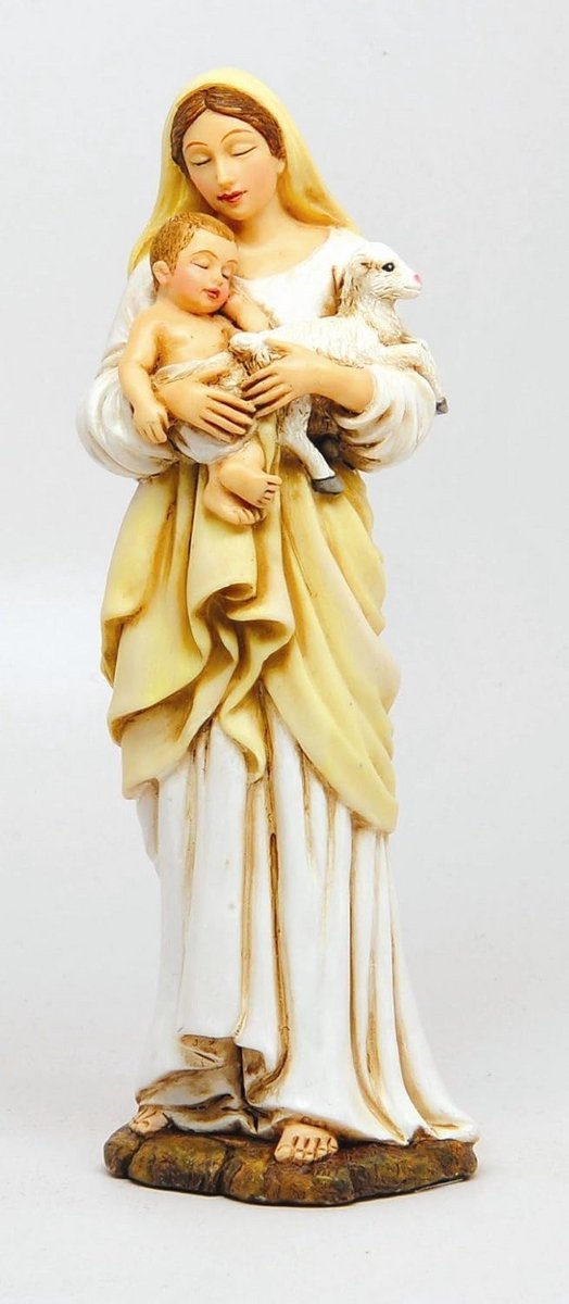 Madonna Kind Lam - Beeldje Omhelzing - Woonkamer Decoratie - Handgemaakt Ontwerp - 19 cm Hoog - Wit