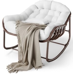 MakkelijkMooi Oversized Papasan met Dik Kussen - Fauteuil - Luxe Eivormige Schommelstoel - voor Patio of in Huis - Bruin & Beige