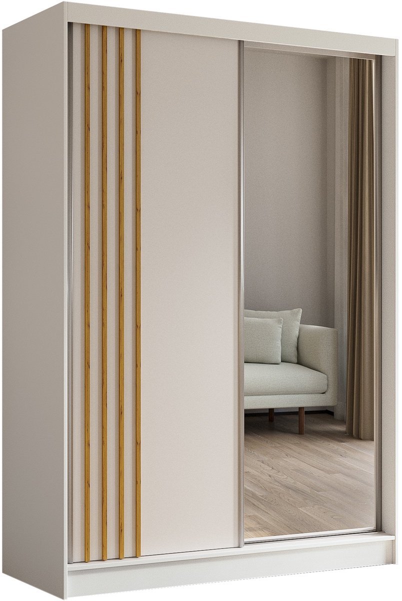 Margaret Hadas24 kledingkast Neli met lamellen en spiegel, organizer, multifunctionele kast, zweefdeurkast, garderobekast, kledingstang, kledingrek, hal kast, 150 cm, wit, bruin