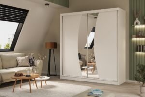 Margaret Hadas24 kledingkast Vex met spiegel, organizer, multifunctionele kast, zweefdeurkast, garderobekast, kledingstang, kledingrek, halmeubel, 2 deuren, kast, wit, 200 cm