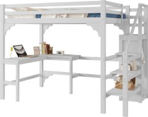 Merax Loftbed met Bureau en Open Kledingkast - 140x200 cm - Minimalistisch Wit - Hoogwaardige Vurenhoutconstructie