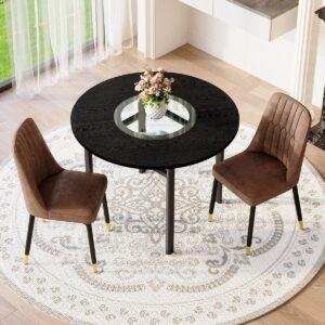 Merax Ronde Eettafelset Ø100 cm - Zwarte Tafel In Houtlook Met Glas Inleg & Glazen Onderblad - 2 Bruine Eetkamerstoelen In Tech-stof - Zwart Metalen Poten