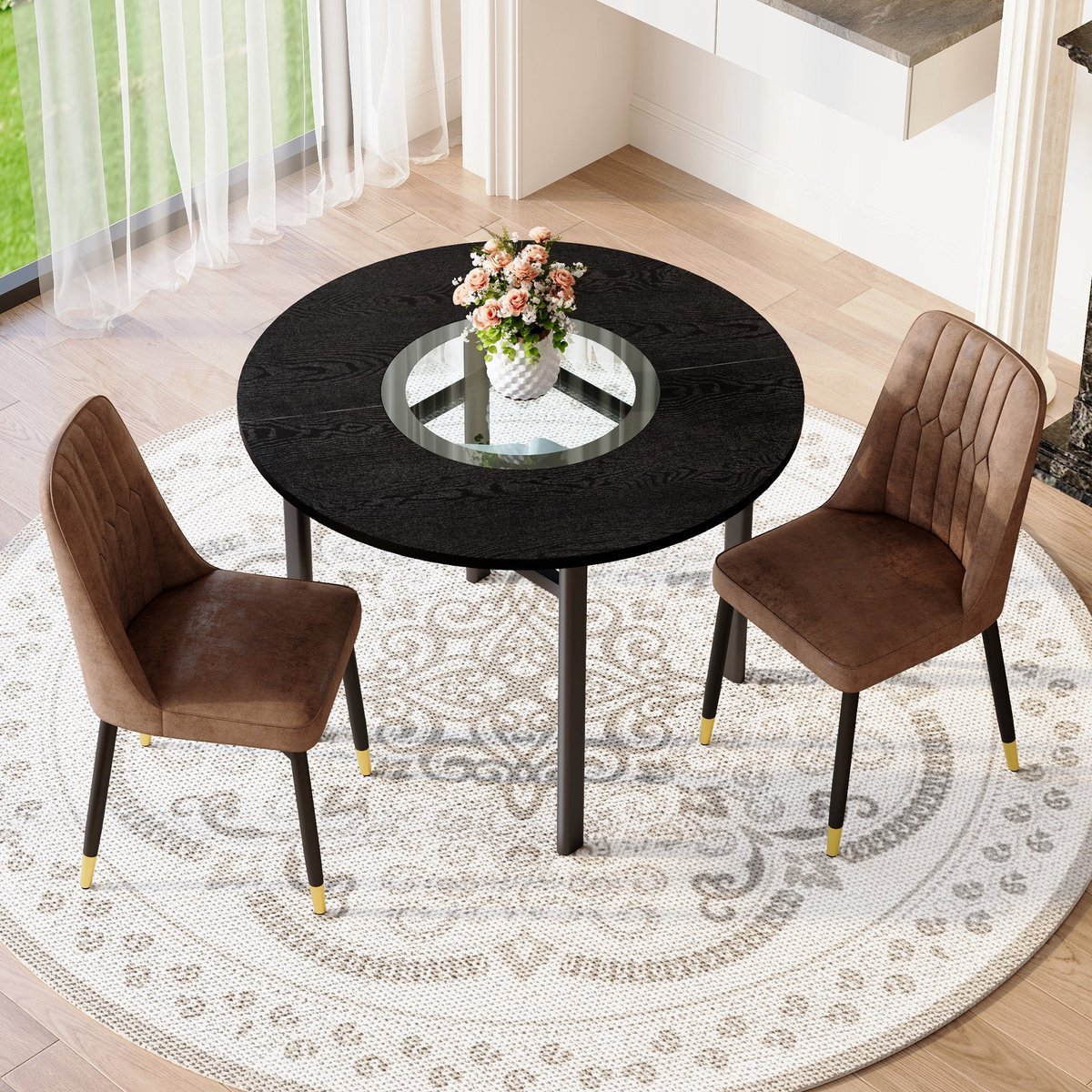 Merax Ronde Eettafelset Ø100 cm - Zwarte Tafel In Houtlook Met Glas Inleg & Glazen Onderblad - 2 Bruine Eetkamerstoelen In Tech-stof - Zwart Metalen Poten