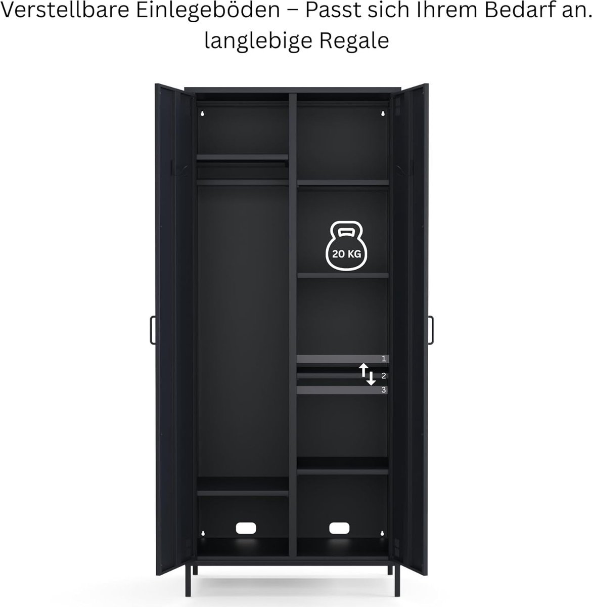 Metalen Kledingkast Medahomestore Retro - Robuuste Garderobekast met 2 Deuren, Kledingstang & Verstelbare Planken - Duurzame Opbergkast voor Slaapkamer, Hal, Kantoor - Antraciet, Vintage Design