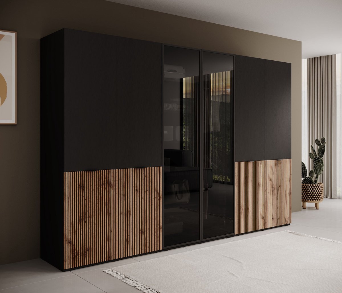 Meubella - Kledingkast Shelton - Zwart 1 - 303 cm - Met glas