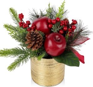 Mini Tafelversiering - Kerstboom - Kunstplant in Pot - Kerstdecoratie met Appel en Lint - Dennenappels voor Kerstdecoratie - Woondecoratie - Keuken - Eettafel - Decoratief