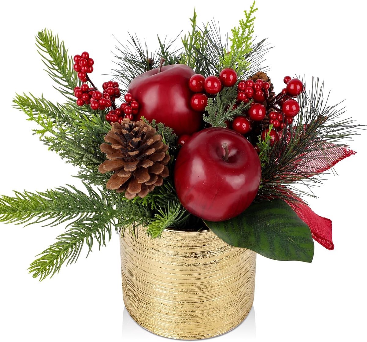 Mini Tafelversiering - Kerstboom - Kunstplant in Pot - Kerstdecoratie met Appel en Lint - Dennenappels voor Kerstdecoratie - Woondecoratie - Keuken - Eettafel - Decoratief