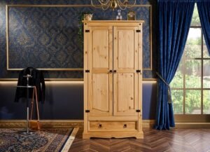 Moderne Massief Grenen Kledingkast met Lade en Hoedenplank -Luxe Opbergruimte voor Jassen en Mantels - Gebeitst & Gewaxt Houten Kast 100x190x56 cm,Novihome