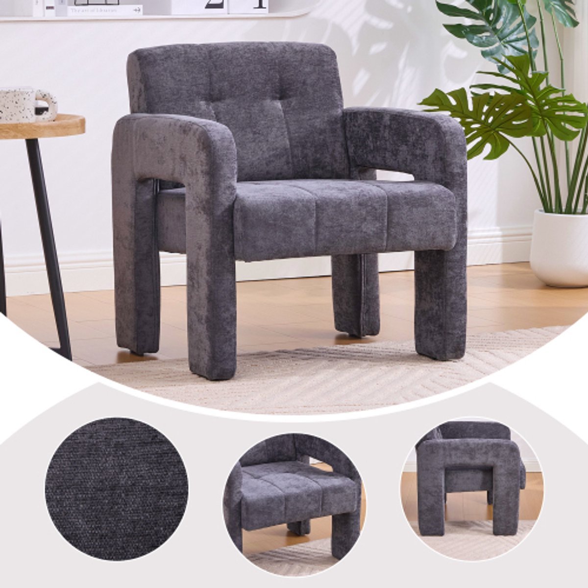 Moderne minimalistische casual fauteuil voor woonkamer, slaapkamer, kantoorruimte Gestoffeerde stoel Comfortabele fauteuil met kussens Scandinavische stijl Casual zitmeubel, grijs