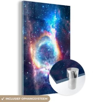 MuchoWow® Glasschilderij 100x150 cm - Schilderij acrylglas - Ruimte - Sterren - Regenboog - Foto op glas - Schilderijen